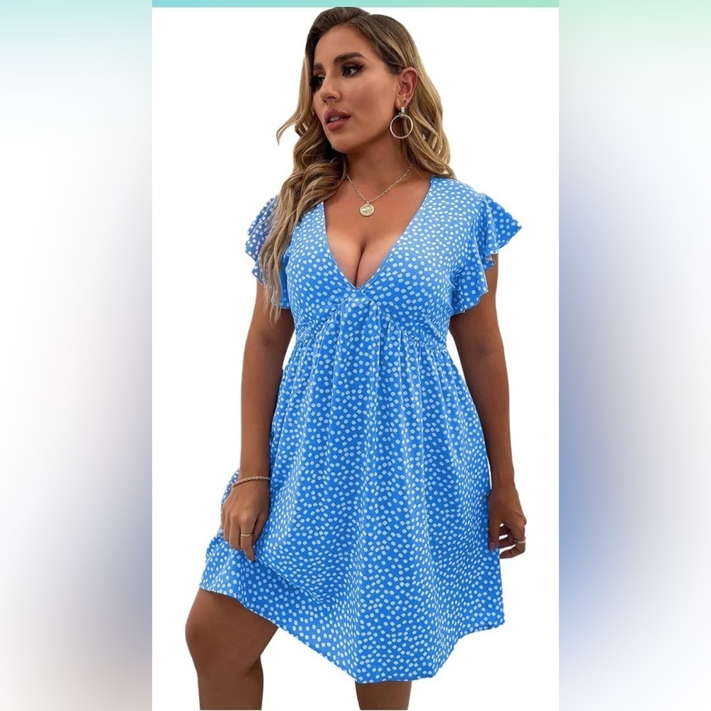 Floerns Women's Plus Size Floral V Neck Ruffle Sleeve Short Summer Dress